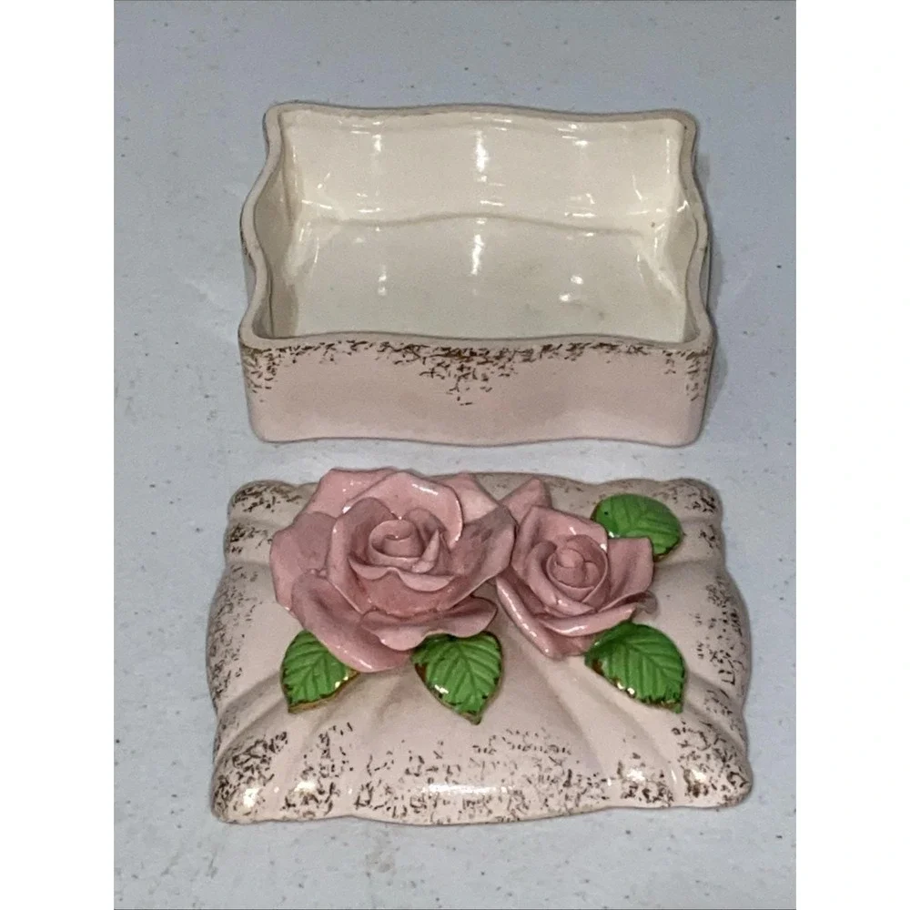 Vintage Made In Occupied Japan Rose Trinket Dish Pink Floral Jewelry Box Rare